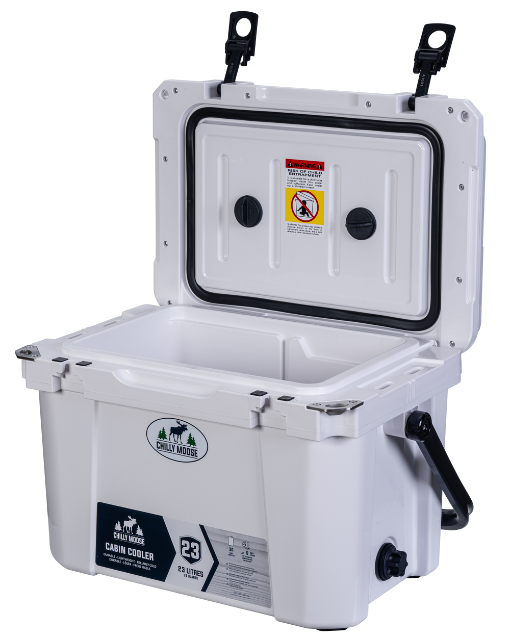 Cabin Cooler 23L in Frost White – Chilly Moose – open lid showing interior and drain plug #colour_frost-white