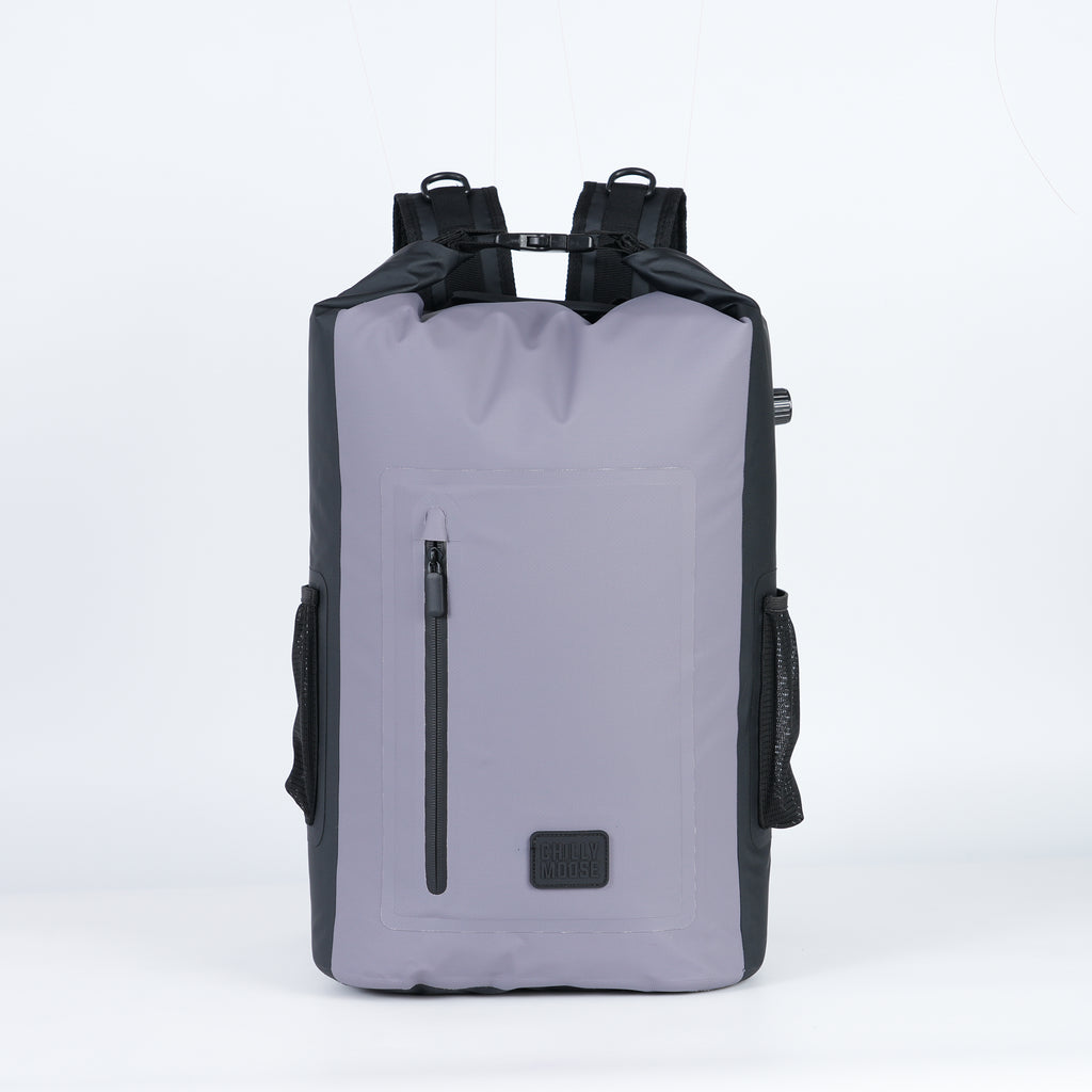Sauble Soft Cooler Backpack 20L in Ash – Chilly Moose – front view with zip pocket #colour_ash
