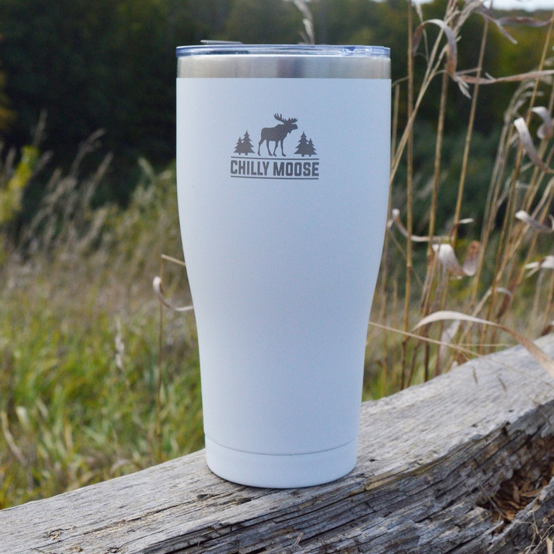 Georgian Tumbler 30oz in Frost White – Chilly Moose – Lifestyle on Wooden Fence #colour_frost-white
