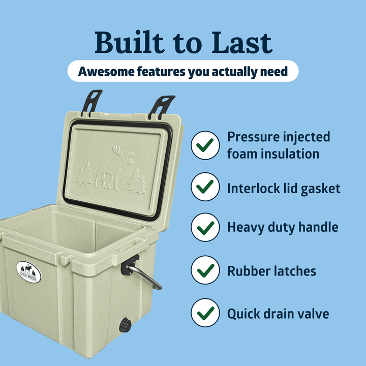 Beige cooler box with features listed on a blue background Lifestyle Shot #colour_common