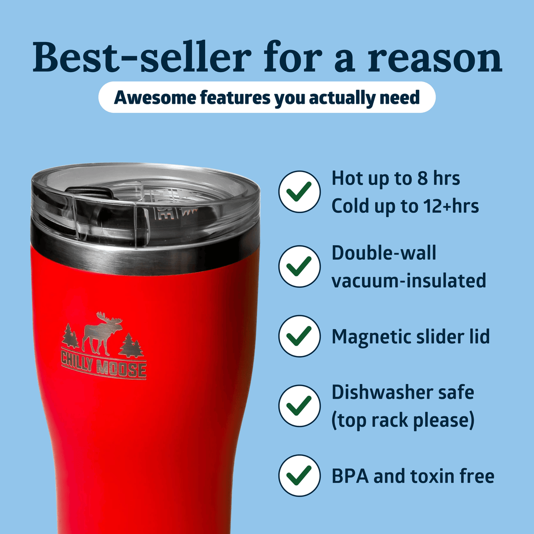 Red insulated tumbler with features listed on a blue background #colour_common