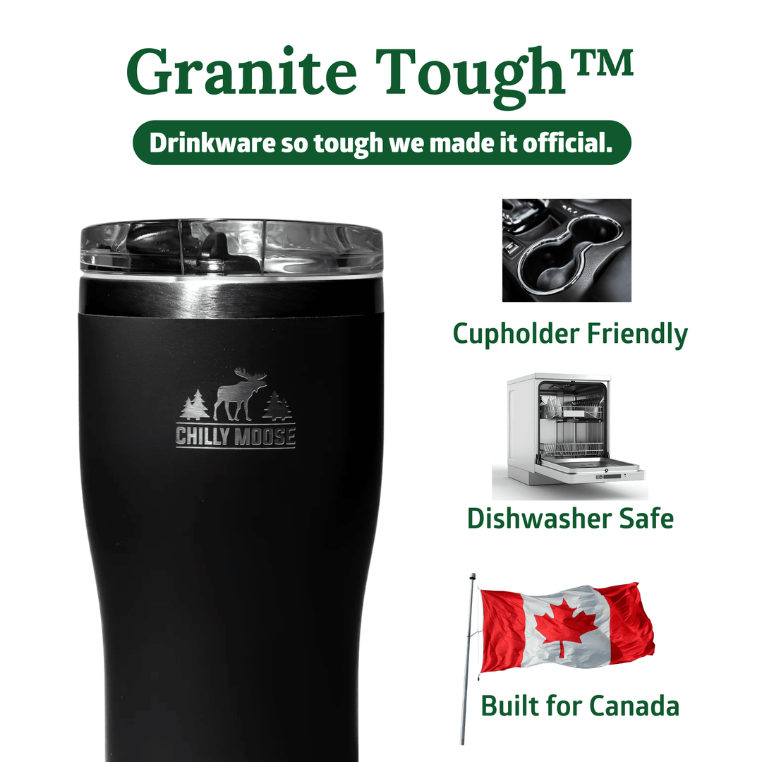 Black insulated tumbler with 'Chilly Moose' branding, featuring text about product features on a white background. #colour_common