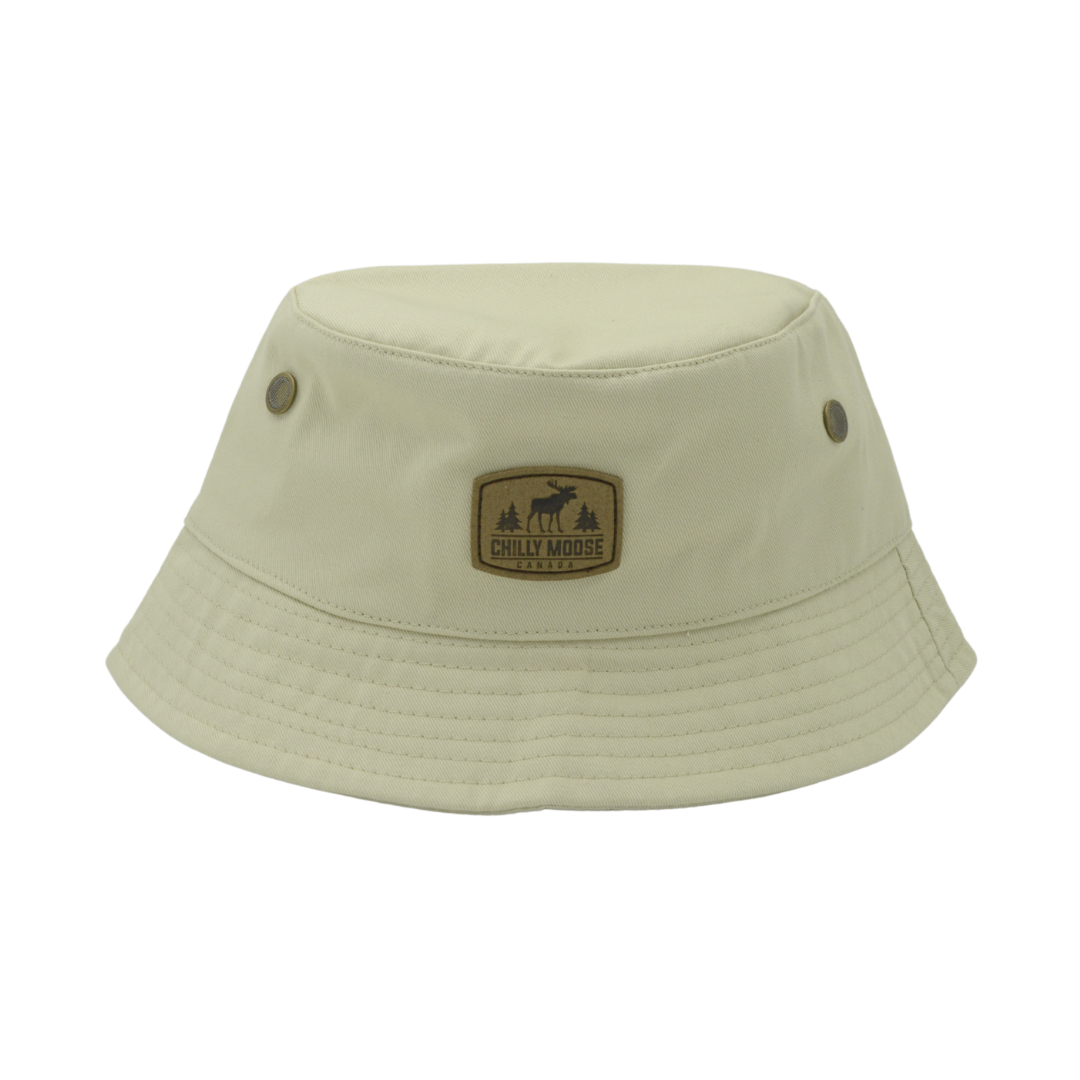 Harbour Hat – Chilly Moose – Beige bucket hat flat lay with leather patch #colour_sand-beige