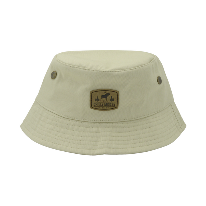 Harbour Hat – Chilly Moose – Beige bucket hat flat lay with leather patch #colour_sand-beige