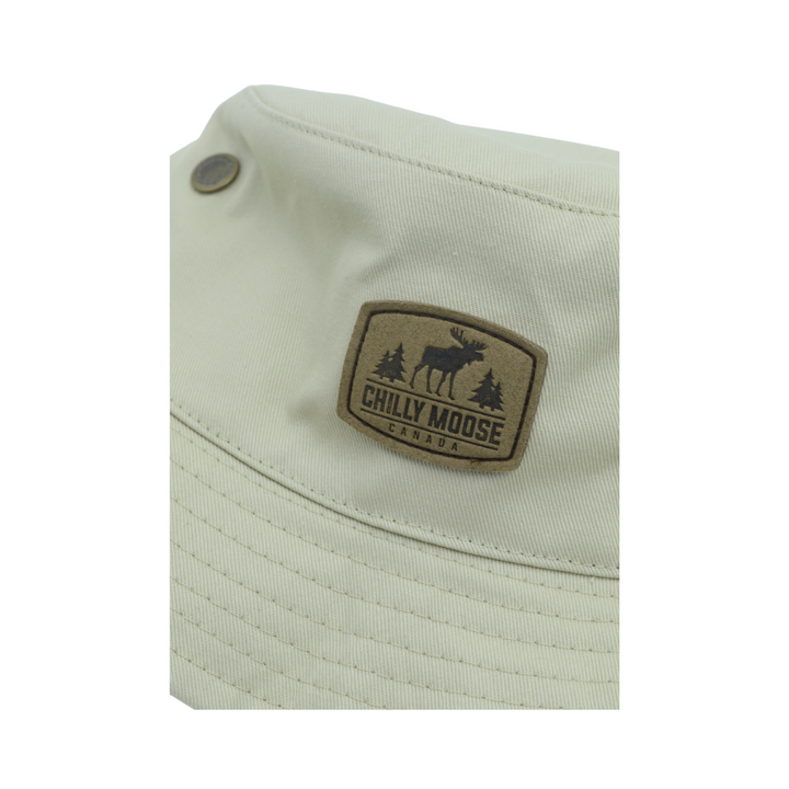 Harbour Hat – Chilly Moose – Close-up of leather patch on beige bucket hat #colour_sand-beige