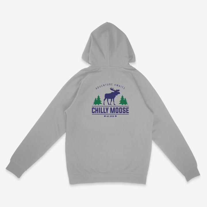 Heritage Hoodie – Chilly Moose – Grey hoodie flat lay back with full Adventure Awaits logo #colour_campfire-grey