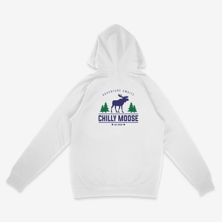 Heritage Hoodie – Chilly Moose – White hoodie flat lay back with full Adventure Awaits logo #colour_snowcap-white