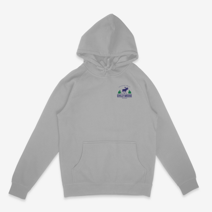Heritage Hoodie – Chilly Moose – Grey hoodie flat lay front view with chest logo #colour_campfire-grey