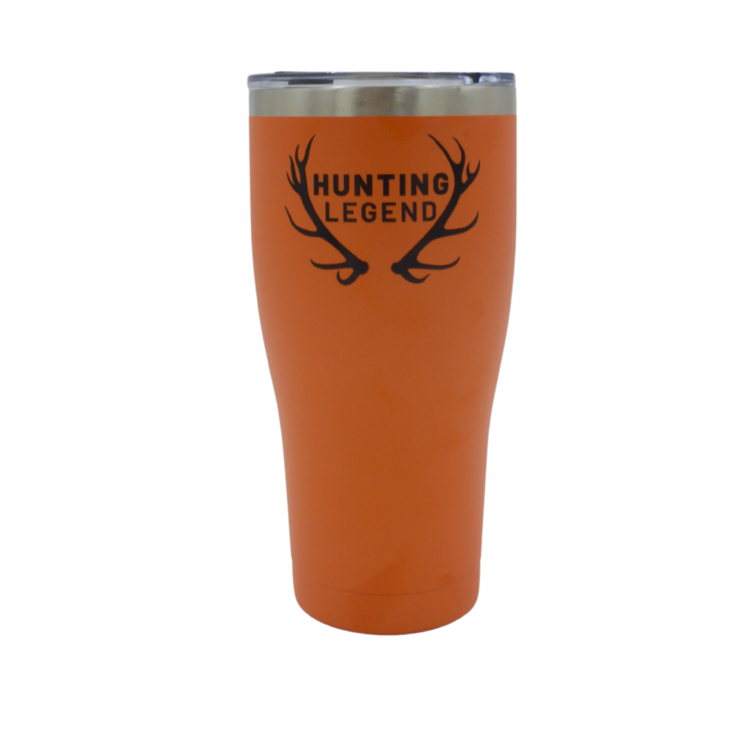 Hunting Legend 30oz Tumbler in Orange – Chilly Moose – Front view with antler logo #colour_orange