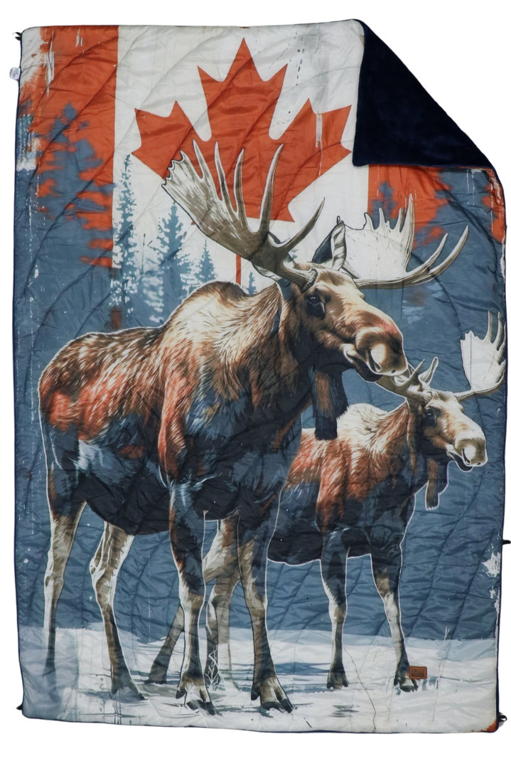 Oh Canada Ultralight Puffy Blanket – Chilly Moose – Flat lay moose flag design #colour_oh-canada