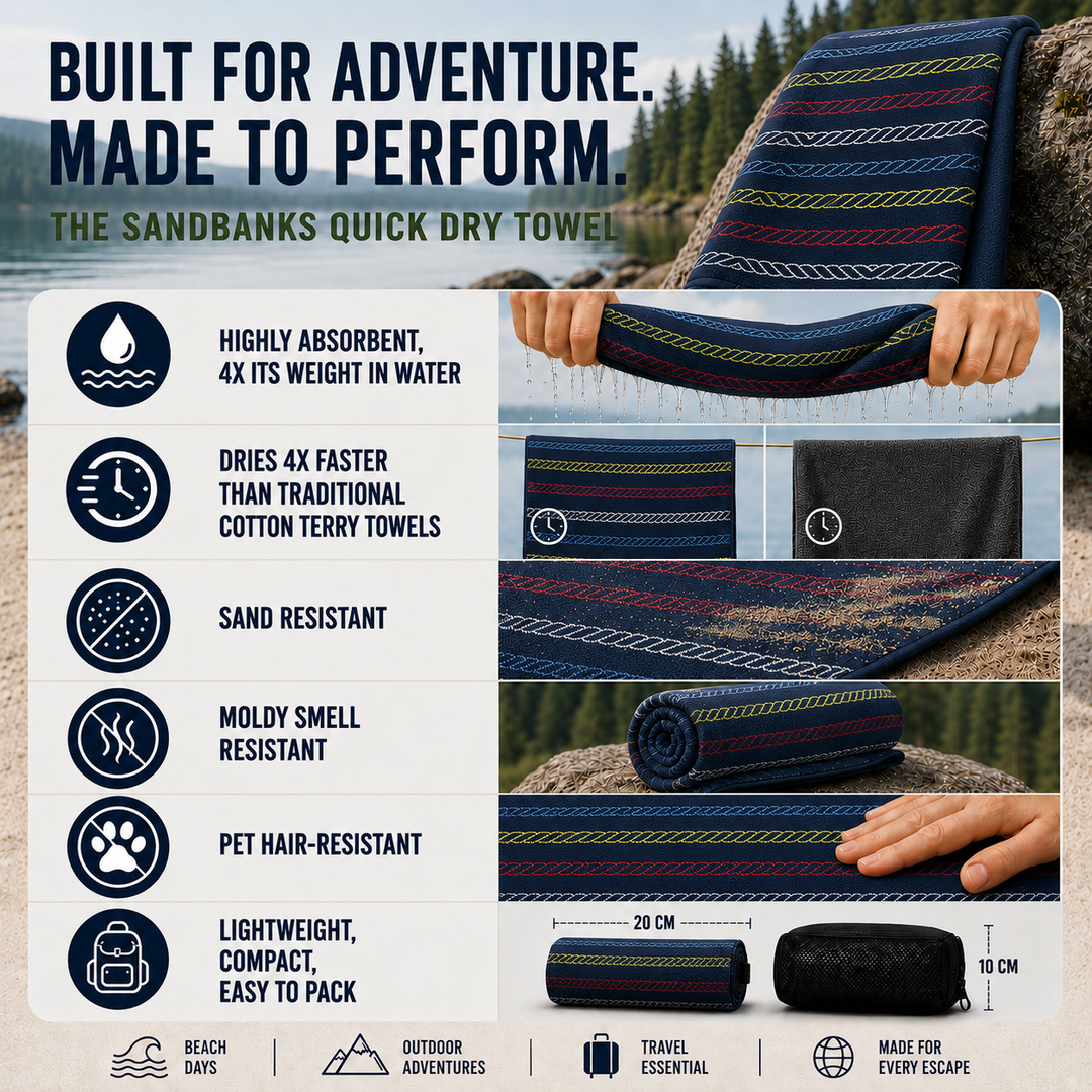 Sandbanks Travel Towel in Regatta – Chilly Moose – Flat lay showing rope stripe pattern #style_regatta-quick-dry-travel-towel