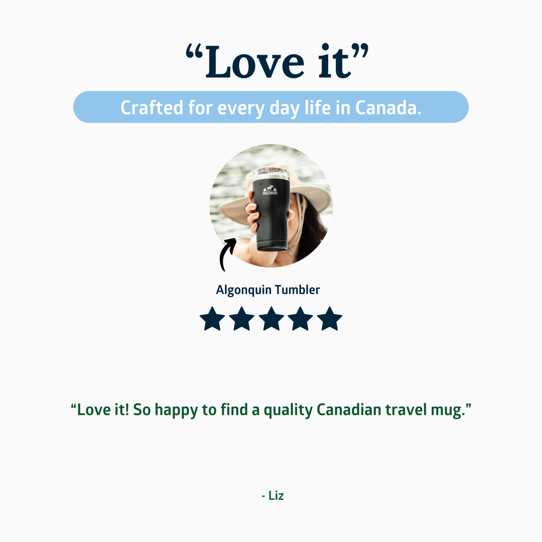 Person holding a black travel mug with text about a quality Canadian travel mug. #colour_common