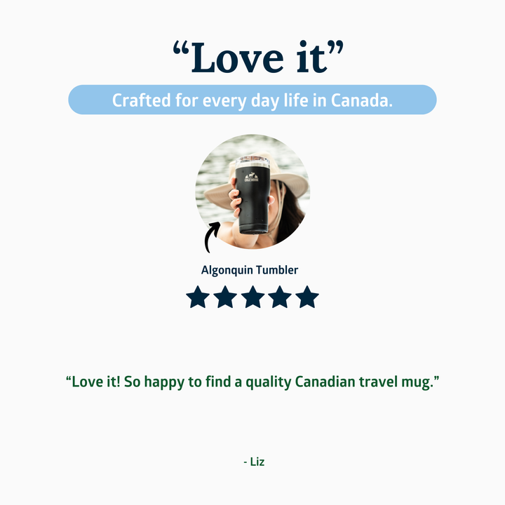 Person holding a black travel mug with text about a quality Canadian travel mug. #colour_common