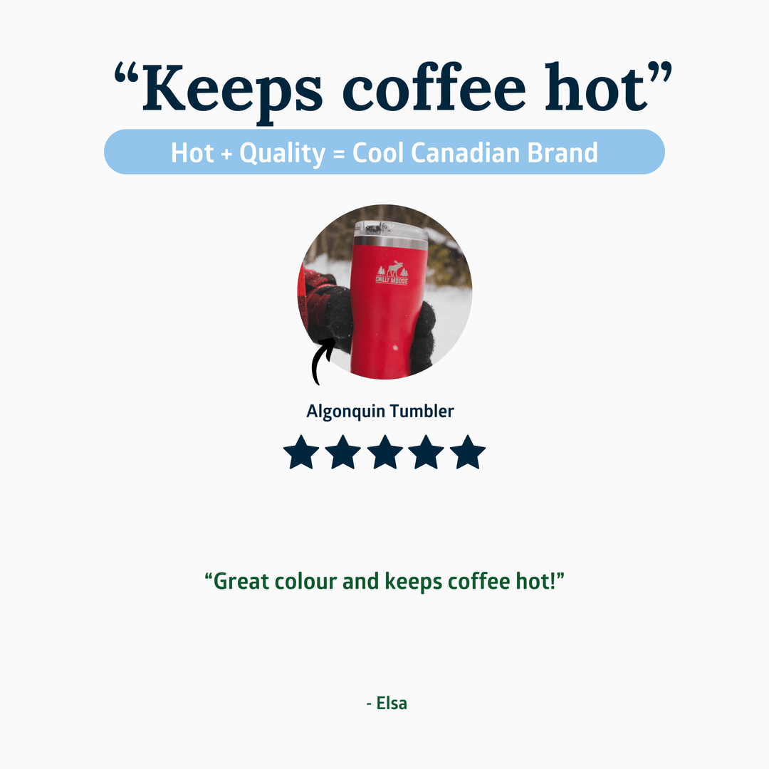 Red tumbler with text about keeping coffee hot and a five-star rating.
#colour_common