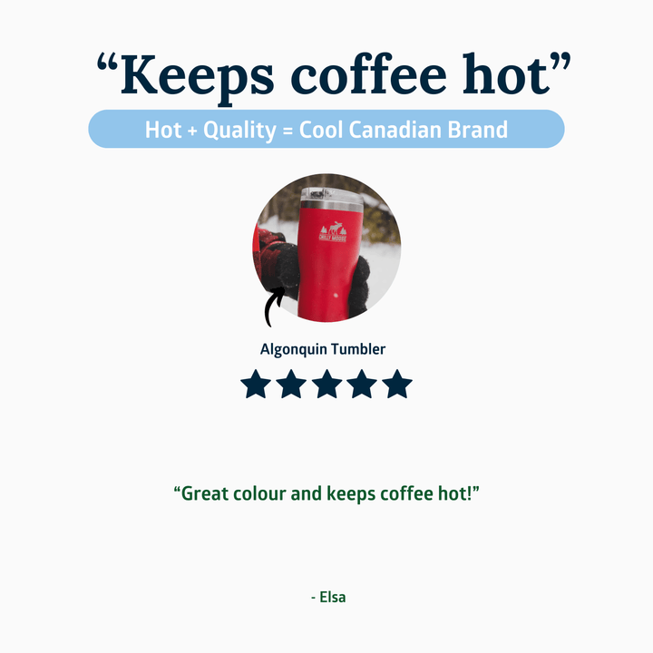 Red tumbler with text about keeping coffee hot and a five-star rating.
#colour_common