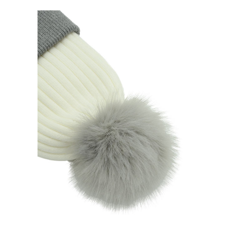 Ski Bunny Toque in White/Grey – Chilly Moose – Side angle showing ribbed knit and pom-pom #colour_white