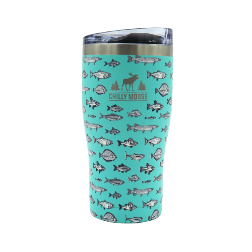 Angler's Club Tumbler 20oz in Turquoise – Chilly Moose – Front view with fish pattern #colour_turquoise