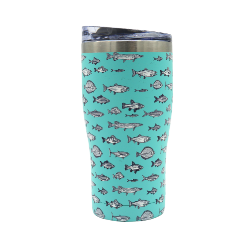 Angler's Club Tumbler 20oz in Turquoise – Chilly Moose – Angled view showing fish artwork #colour_turquoise