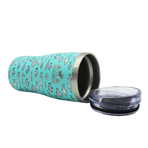 Angler's Club Tumbler 20oz in Turquoise – Chilly Moose – Tilted view with lid removed #colour_turquoise