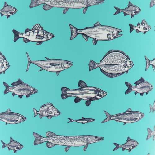 Angler's Club Tumbler 20oz in Turquoise – Chilly Moose – Detail view of fish pattern wrap #colour_turquoise