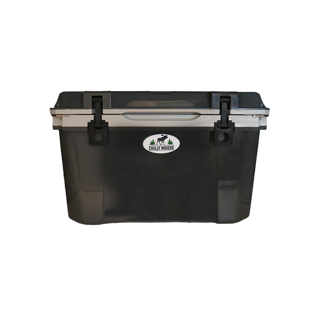 52L Cabin Cooler – Chilly Moose – Front view in black with white lid and black latches #colour_black