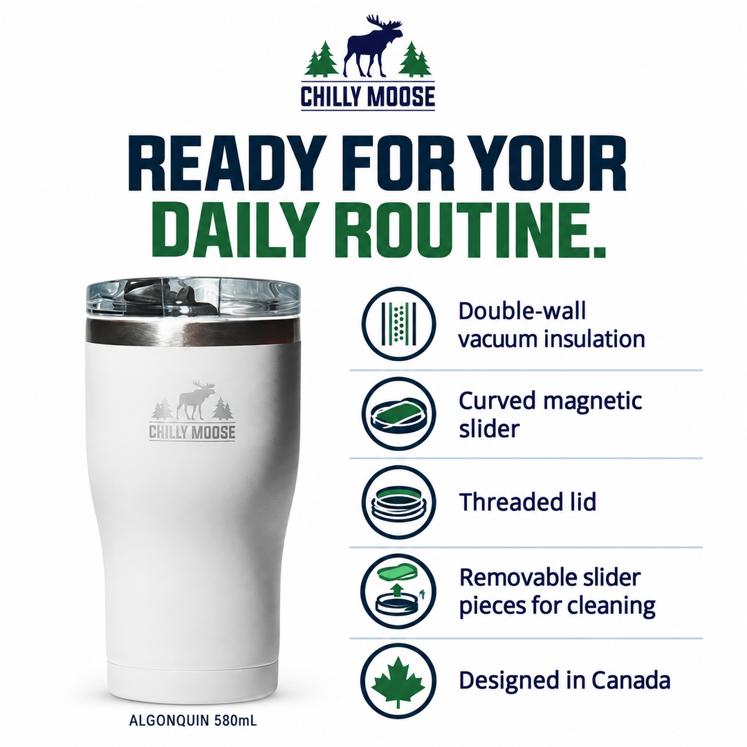 Algonquin 580mL tumbler – curved magnetic slider and product features 