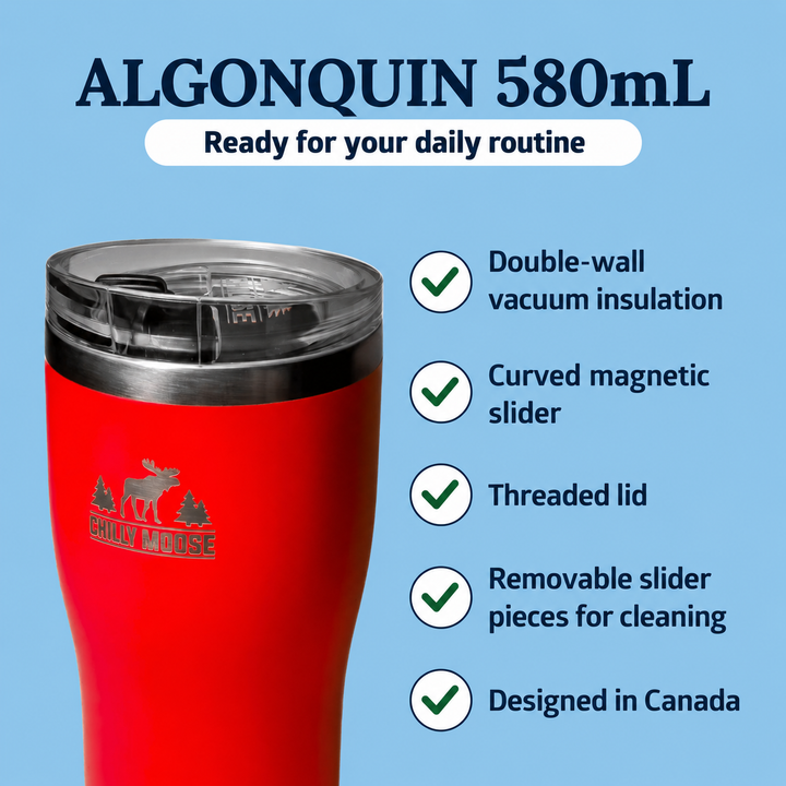 Algonquin 580mL tumbler – product photo and magnetic slider features 