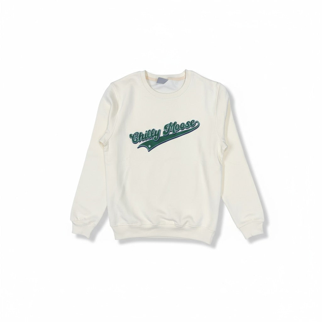 Varsity Crewneck in Cream – Chilly Moose – Green retro script logo on white fleece, flat lay #colour_cream