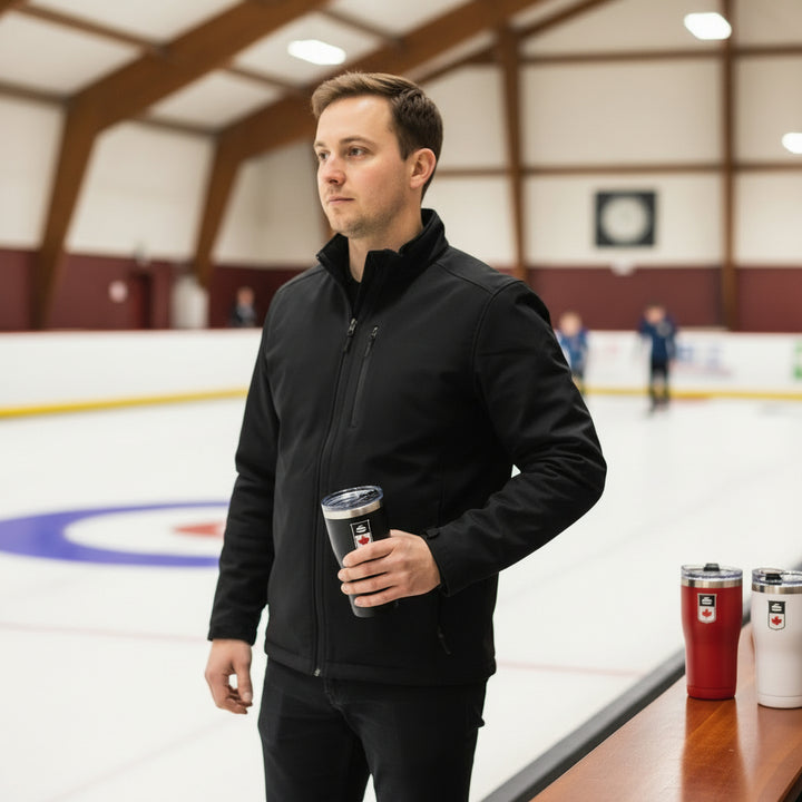 590mL Curling Canada Tumbler – Chilly Moose – Lifestyle man holding tumbler at curling rink #colour_common