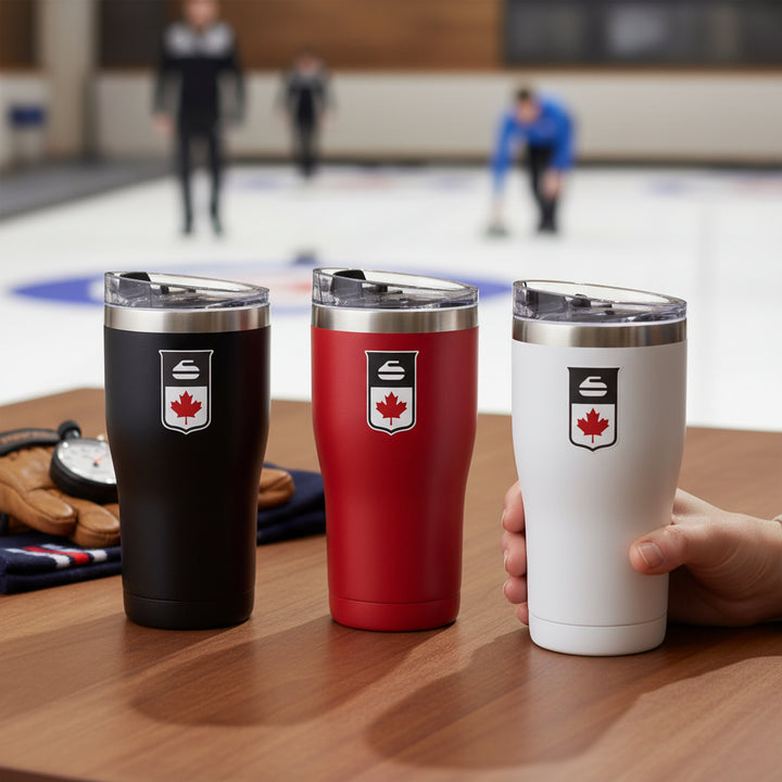 590mL Curling Canada Tumbler – Chilly Moose – Lifestyle on curling rink ice #colour_common