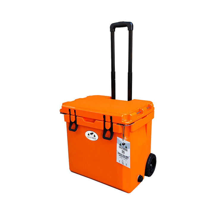 Open Box 35L Wheeled Explorer in Blaze Orange – Chilly Moose – Side angle with handle and wheel #colour_blaze-orange