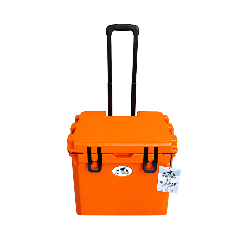 Open Box 35L Wheeled Explorer in Blaze Orange – Chilly Moose – Front view with handle up #colour_blaze-orange