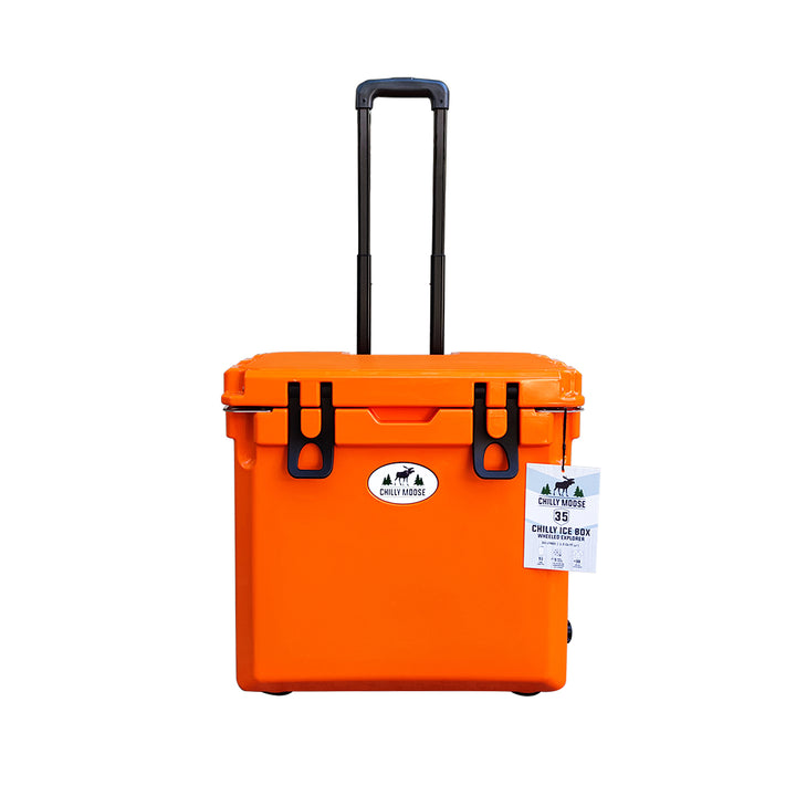 Open Box 35L Wheeled Explorer in Blaze Orange – Chilly Moose – Front angle with handle extended #colour_blaze-orange