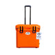 Open Box 35L Wheeled Explorer in Blaze Orange – Chilly Moose – Front angle with handle extended #colour_blaze-orange