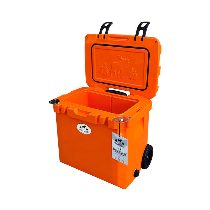 Open Box 35L Wheeled Explorer in Blaze Orange – Chilly Moose – Angled open view showing interior #colour_blaze-orange