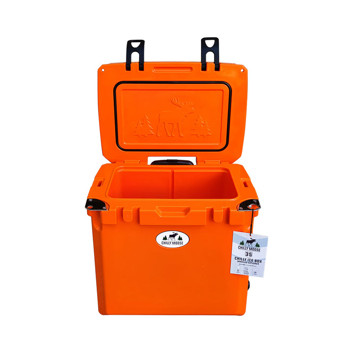 Open Box 35L Wheeled Explorer in Blaze Orange – Chilly Moose – Lid open showing embossed moose #colour_blaze-orange