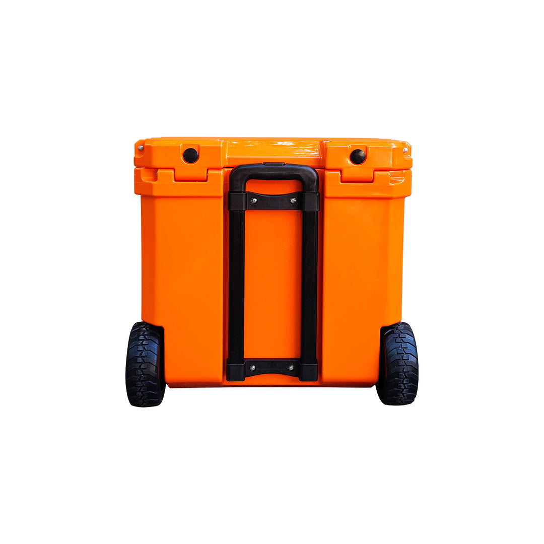 Open Box 35L Wheeled Explorer in Blaze Orange – Chilly Moose – Back view showing wheels and handle #colour_blaze-orange