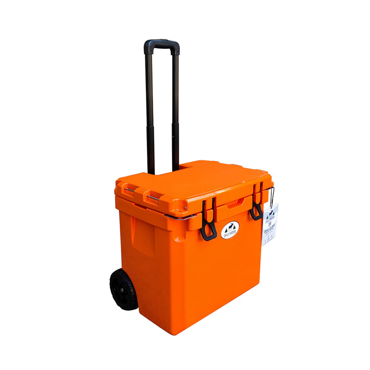 Open Box 35L Wheeled Explorer in Blaze Orange – Chilly Moose – Side angle showing handle #colour_blaze-orange