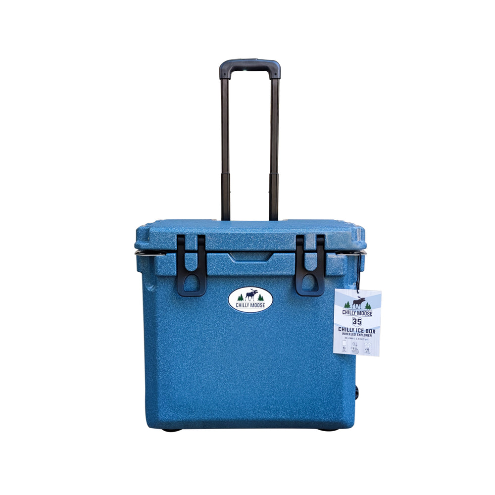 35L Wheeled Explorer Ice Box in Great Lakes – Chilly Moose – front view with handle extended #colour_great-lakes