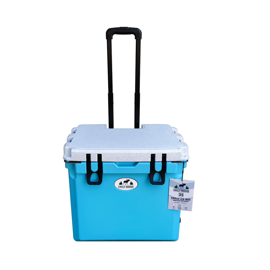 35L Wheeled Explorer Ice Box Cooler 35L in Tobermory – Chilly Moose – Open Box – front view with handle up #colour_tobermory