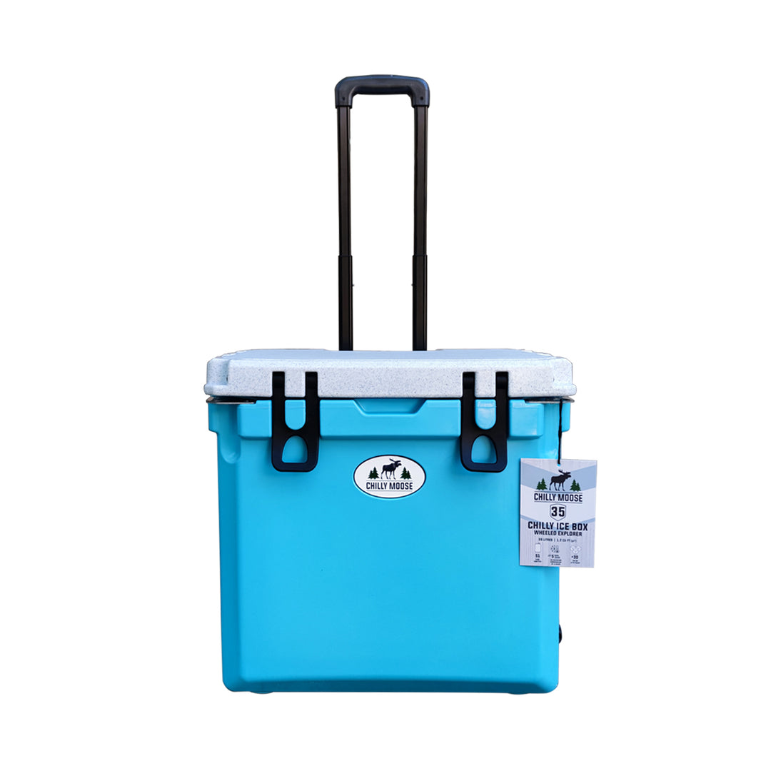 Open Box 35L Wheeled Explorer in Tobermory – Chilly Moose – Front angle with handle extended #colour_tobermory