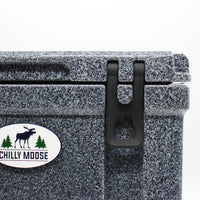 Ice Box Replacement Latches – Chilly Moose – Granite speckled cooler corner detail, black latch #style_granite