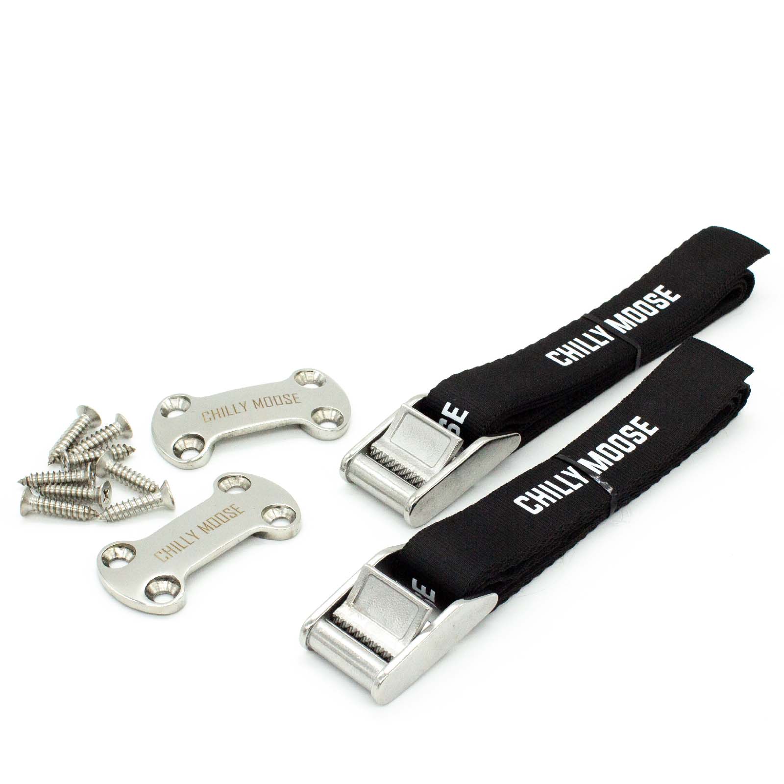 Universal Tie Down Kit – Chilly Moose – Black straps, metal buckles, anchor plates, and screws layout #colour_black